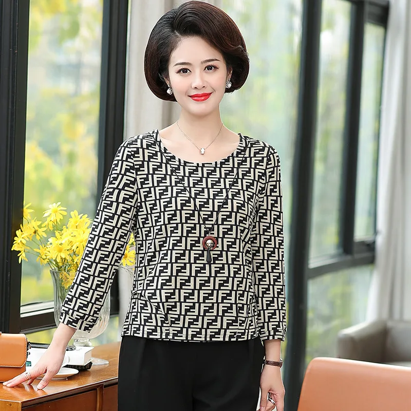 

2019 New Style Mom Autumn Clothing Elegant Printed round Neckline T-shirt Middle-aged Large Size Dress Casual Long-sleeved Upper