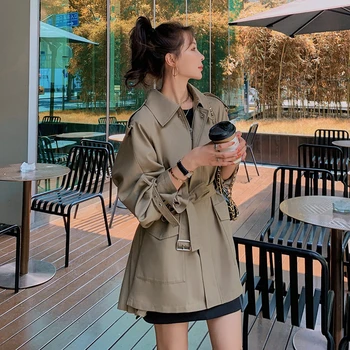 

LANMREM 2020 autumn and winter elegant with zipper Adjustable Waist Women's Korean style loose pleated windbreaker coat 2A529