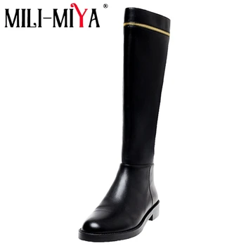 

MILI-MIYA Black Women Motorcycle Boots Cow Leather Zipper Low Square Heels Knee-High Round Toe Gold Zipper Handmade For Ladies