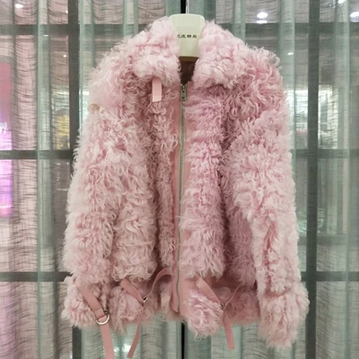 pink Модная Роскошная Тоскана шерсть шуба зимняя женская куртка из натуральной кожи пальто с натуральным овечьим мехом Толстая теплая одежда фестиваль - Цвет: pink