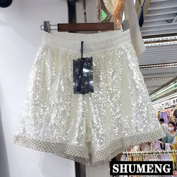 

Harajuku Style Shorts for Women 2020 Summer New Heavy Industry Diamond Sequins High Waist Wide Leg Shorts Streetwear Shorts