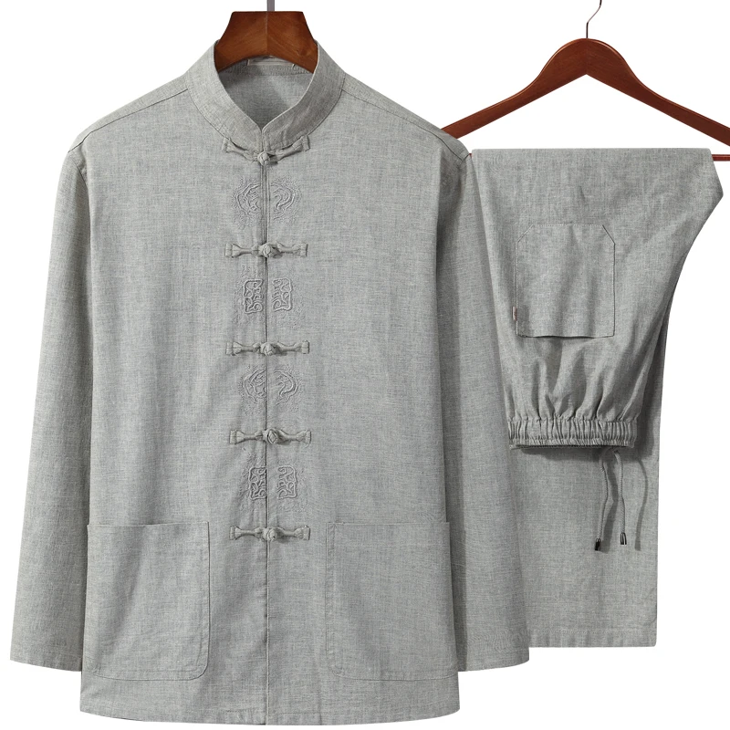light gray Новая(рубашка с длинными рукавами+ штаны), 2 шт./компл. высокое Качественный хлопок постельное белье 4XL Для мужчин Кунг фу Тай чи костюм l серый ClassicWu Shu ouma Костюмы - Цвет: light gray