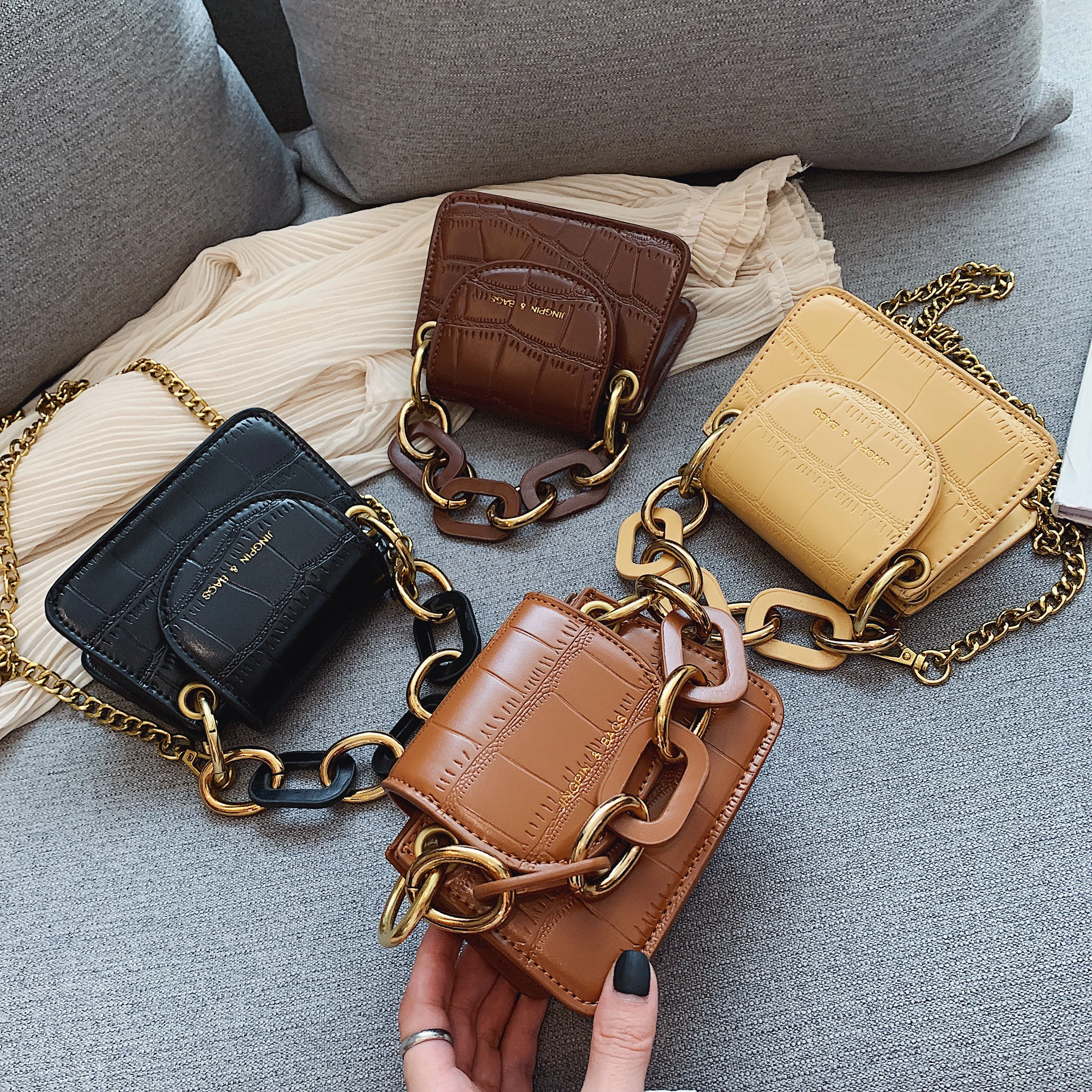  Stone Pattern PU Leather Crossbody Bags For Women Thick Chain Design Shoulder Messenger Bag Lady Mi - 4000034891181