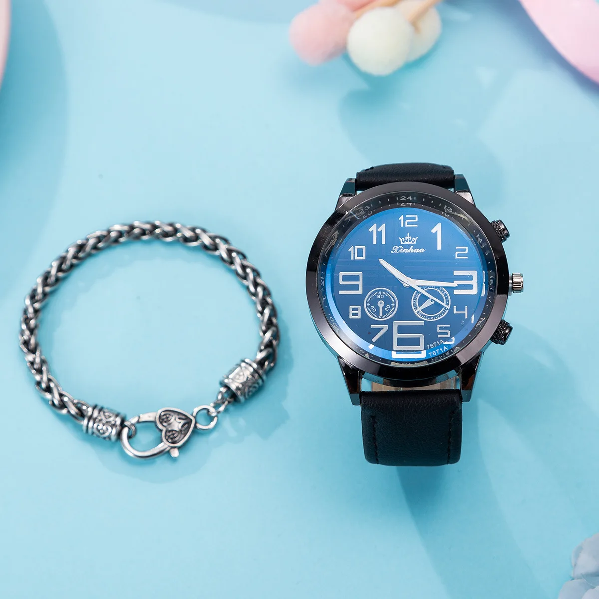 

2 Pieces Watch Gift Set Boutique Retro Punk Chain Bracelet + Blueray Leather Quartz Watch