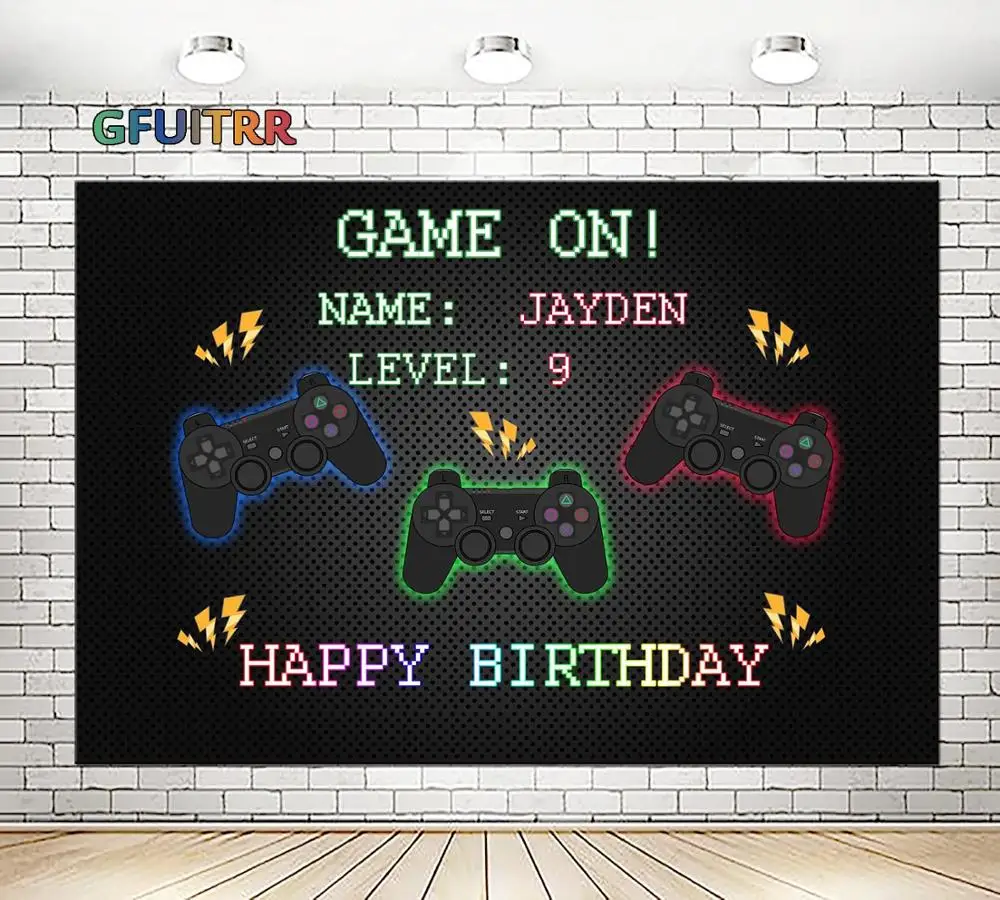 

GFUITRR Play Station Controller Photography Backdrop Birthday Photo Background Black Game Level Vinyl Photo Booth Props