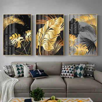 

Nordic Plants Black Golden Leaf Poster Canvas Painting Posters and Print Wall Art Pictures for Living Room Modern Decor