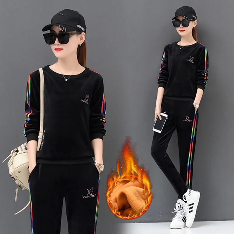 

Autumn Casual Tracksuit Women 2 Piece Set Pullover Top and Pants Velvet Striped Patchwork Sweat Suit Female Velor Clothing Sets
