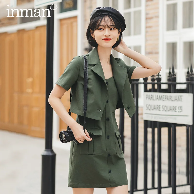 

INMAN 2020 Spring New Arrival Literary Retro Lapel Pockets Dress Coat Two Pieces Suit