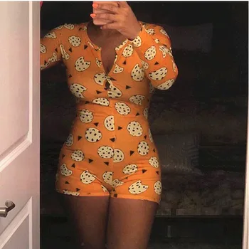 

Hirigin 2020 Sexy Women Deep V-neck Bodycon Sleepwear Jumpsuit Button Bodysuit Shorts Romper Leotard Long Sleeve Print Bodysuit