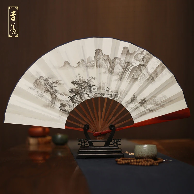 

Sensu Man 10 Inch Rosewood Hand White Paper Fan Calligraphy Gift Fan In National Customs Landscape Folding Fan Male