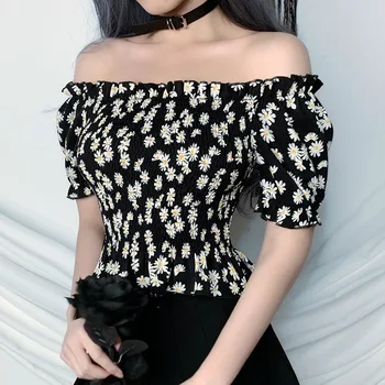 

Gothic Chic Floral Blouse Summer Off Shoulder Sexy Blouses Women Tops Black Pleated Shirt Girl Goth Club Beach Shirts Crop Top