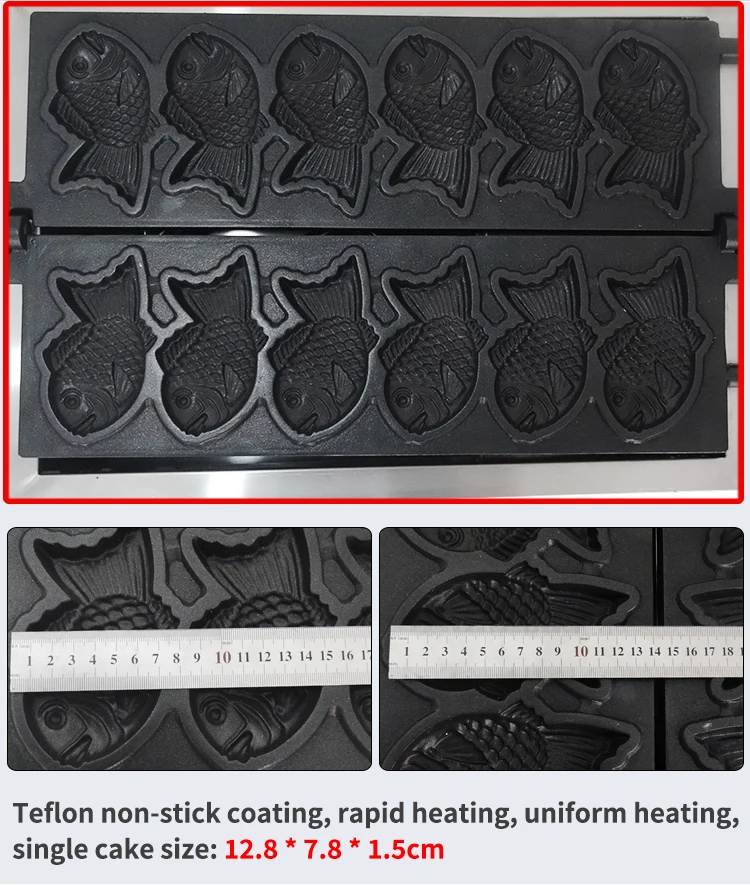 Description Picture 4 of itemXEOLEO Taiyaki Maker Fish Waffle Machine Fish Cake Baking Machine 6 Pcs Fish Ice Cream Waffle Maker 3000W Non-stick Pan