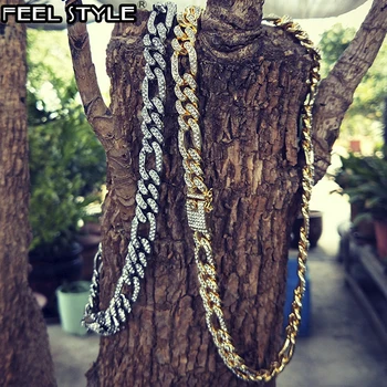 

1Set 13MM Iced Out Paved Rhinestones Miami Curb Figaro Link Chain Necklace CZ Bling Rapper Necklace For Men Hip Hop Jewelry