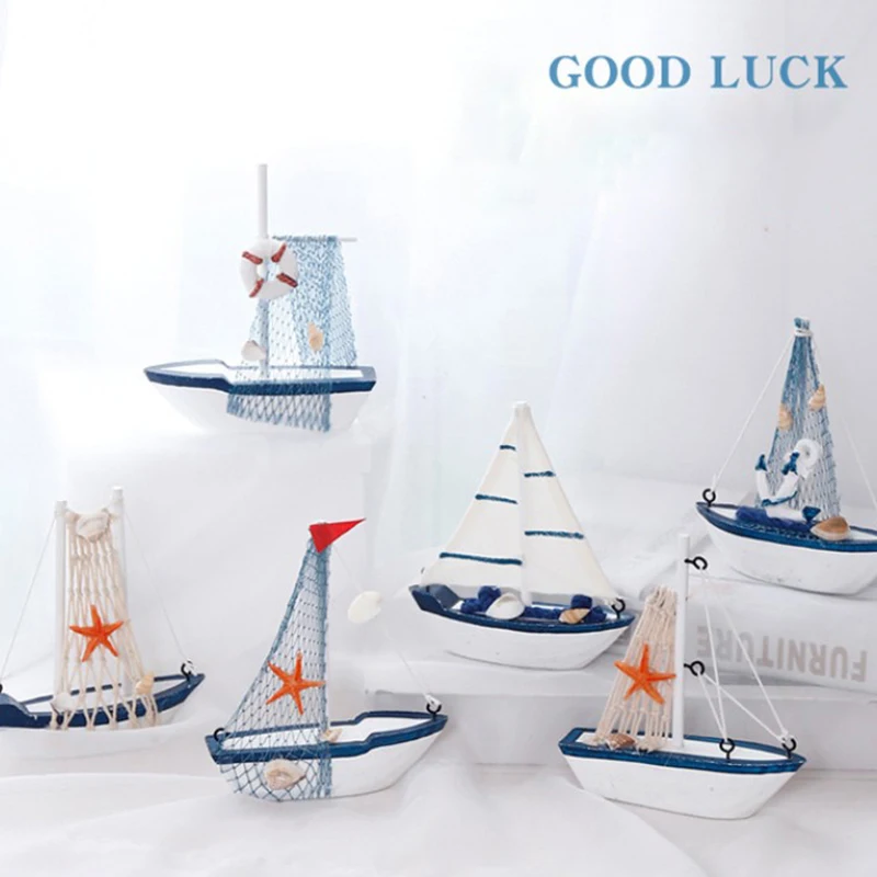 Sailboat Model Wooden Sailing Boat Home Decoration Beach Nautical Design Navy | Дом и сад
