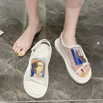 

Shoes Female Sandal Lace Denim Women's Sandals Elastic Band Med 2020 Summer Ladies Slip-on Flat Sale With Comfort Block Medium