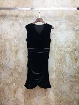 

2019 V-neck Irregular Hem Velvet Vest Sexy Summer Dress Women Elegant Vintage Sheath Solid Sleeveless Draped Above Knee, Mini