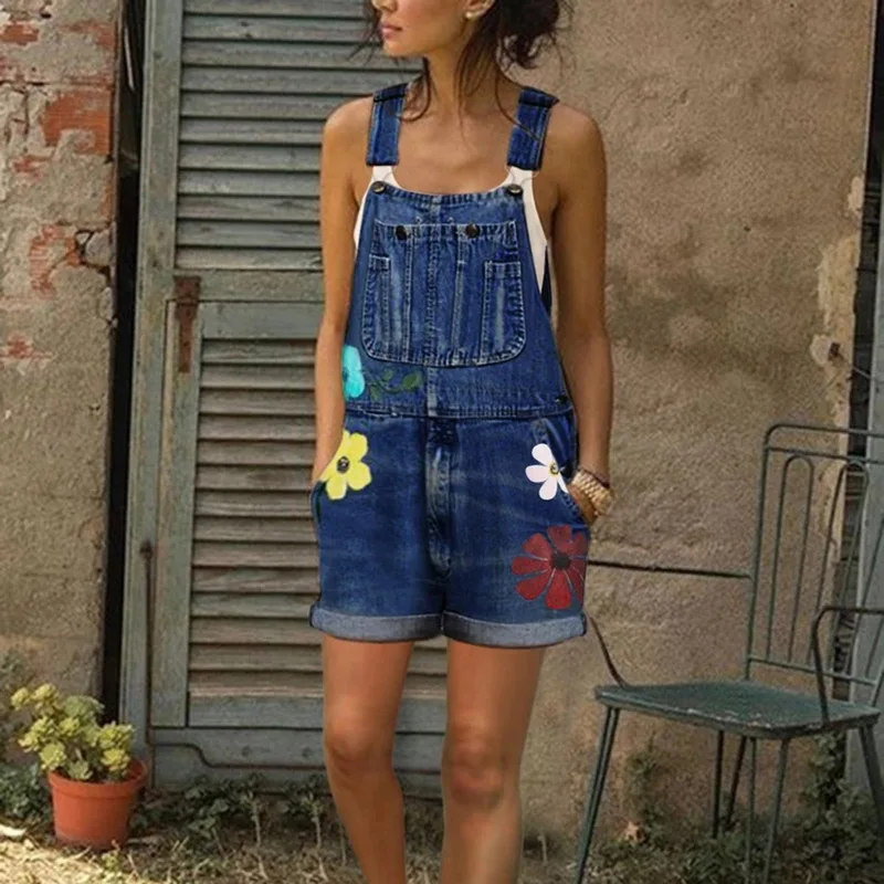 

OEAK Women Jumpsuits Printed Overalls Plus Size Denim Rompers Short Fashion Casual Floral Pocket Female Jumpsuits Playsuit
