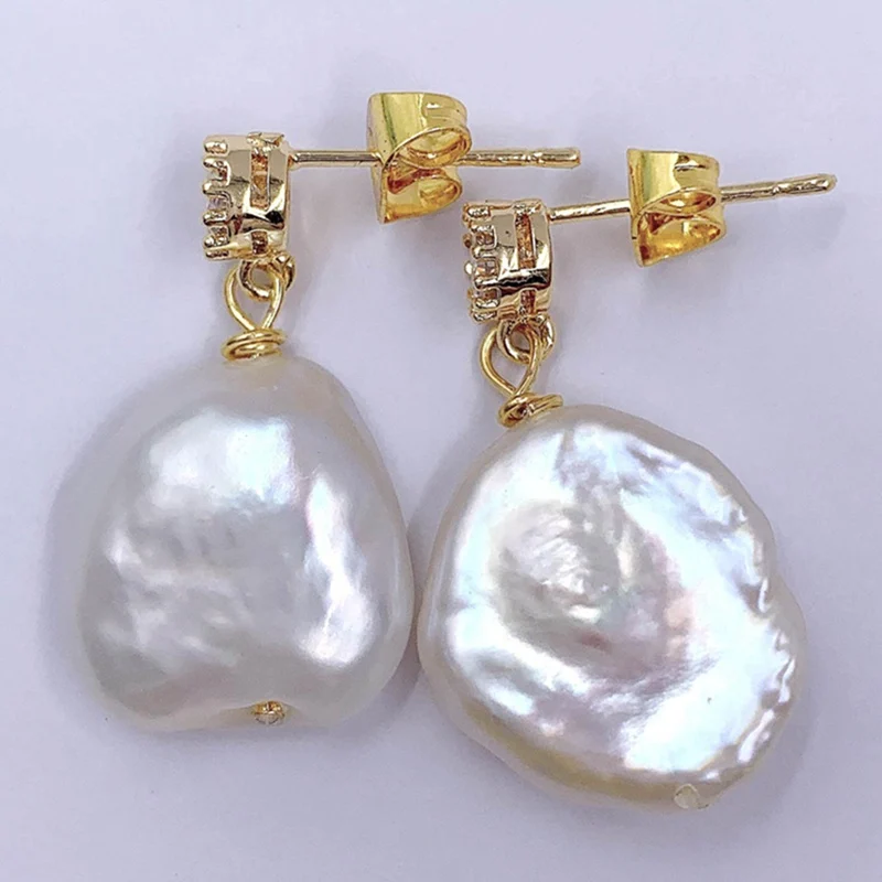 

15x16mm White Baroque Pearl Earrings 18k Gold Ear Stud Cultured Wedding Gift Flawless Accessories Luxury Jewelry Women