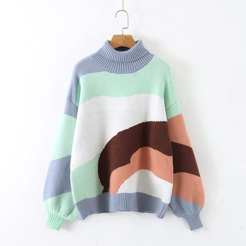 Tangada женский свитер с высоким воротом, винтажный свитер, зима, Новое поступление, толстый вязаный свитер большого размера, Женский пуловер, SP11 - Цвет: Многоцветный