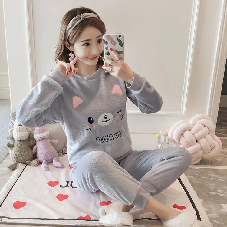 Women Pajama Sets Autumn Winter Pajamas Flannel Cartoon Thick Warm Women Sleepwear Cute Animal Female Homewear