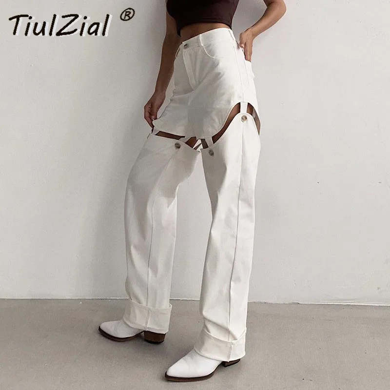 TiulZial Women Casual High Waist Pants White Patchwork Cargo Pants Capri Streetwear Button Straight Trousers TiulZial Women Casual High Waist Pants White Patchwork Cargo Pants Capri Streetwear Button Straight Trousers