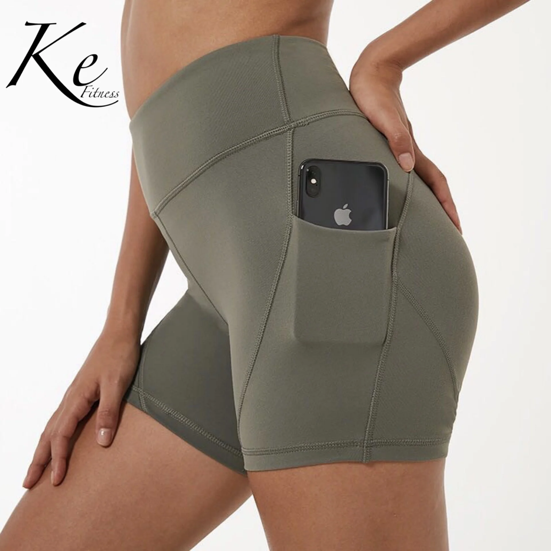 KE army green black боковые шорты с карманами и высокой посадкой для фитнеса три женщины высокая эластичность, для йоги плотные шорты