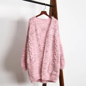 

Pink Sweater Women 2019 Autumn New Vintage Long Knit Coat Korean Loose Twist Thick Cardigan Pocket Oversize Female Cute Jumper