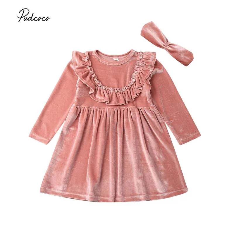 Г. Весенне-осенняя одежда для малышей Детское бархатное праздничное платье принцессы с оборками для маленьких девочек нарядное платье с повязкой на голову одежда с длинными рукавами От 1 до 6 лет