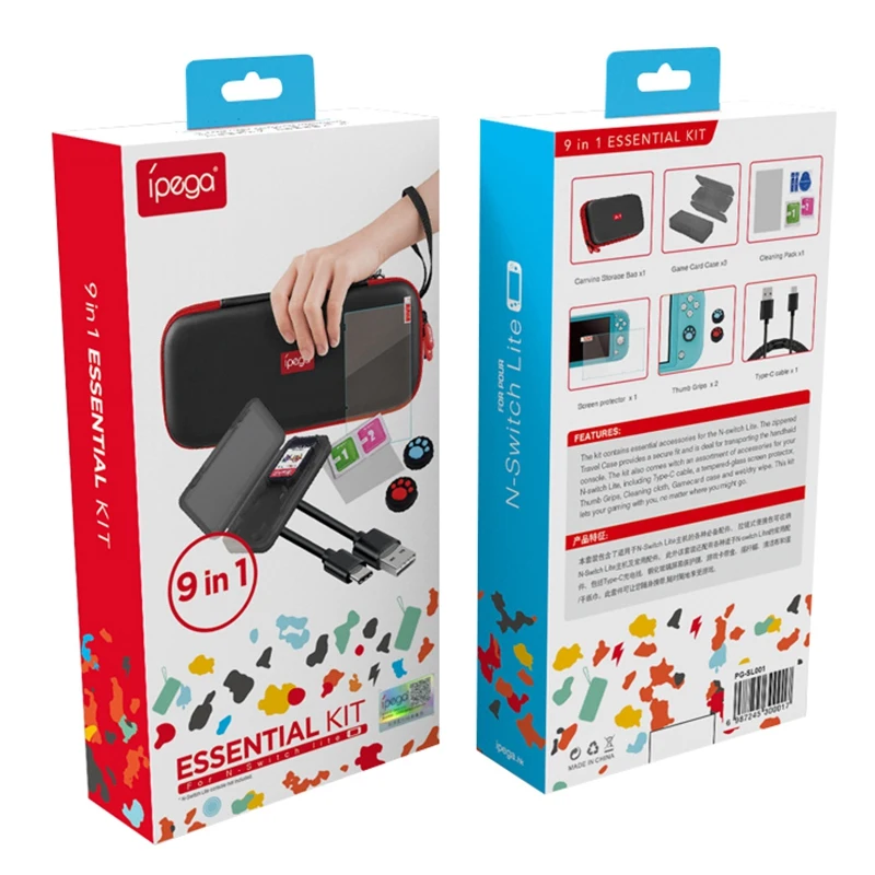 

ipega 9 in 1 Accessories Set for Nintend Switch Lite with Carrying Bag Thumb Cap Case Screen Flim for NS Games