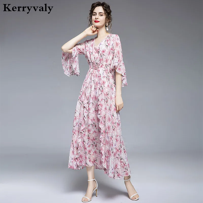 

French Vintage Pink Floral Chiffon Maxi Dress Zomerjurk Dames 2020 Waist Hugging Drawstring Fairy Dress Vestido Longo K6932