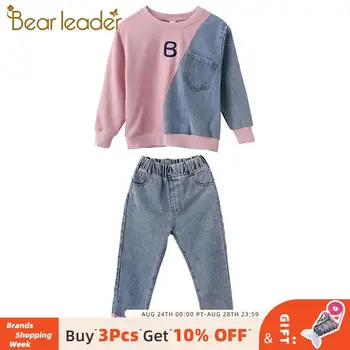 

Bear Leader 2020 Autumn New Jeans Patchwork Clothing Sets for Girls 2PCS Letter Print Sweats + Cartoon Pants Girls Casual Suits