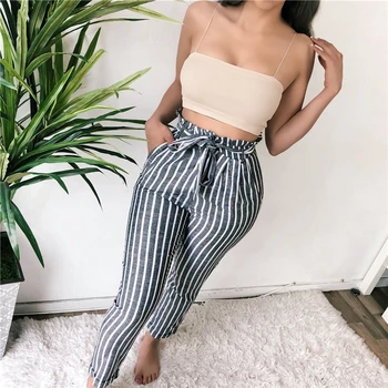 

2019 Women's Belt High Waisted Baggy Cotton Linen Striped Harem Pants Trousers Plus Size
