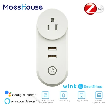 

US ZigBee3.0 Dual USB Wireless Socket Plug SmartThings App Remote Control Echo Plus Voice Control Work with Alexa Google Home
