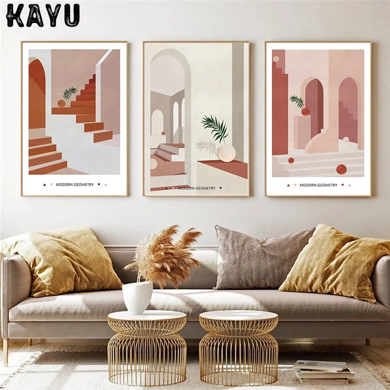 Scandinavian Geometric Abstract Canvas Painting Pink Green Plant Landscape Wall Art Poster Pictures for Living Room Home Decor | Дом и сад