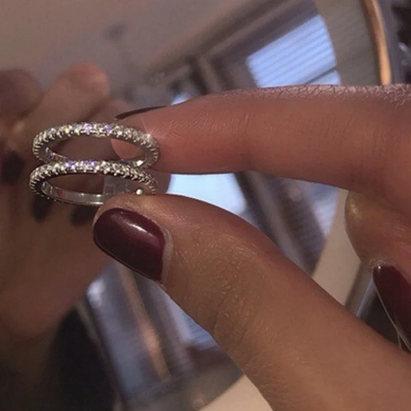 Minimalist Silver Colour Ring Simple Double Layer Rhinestone Rings For Women Gift Jewelry