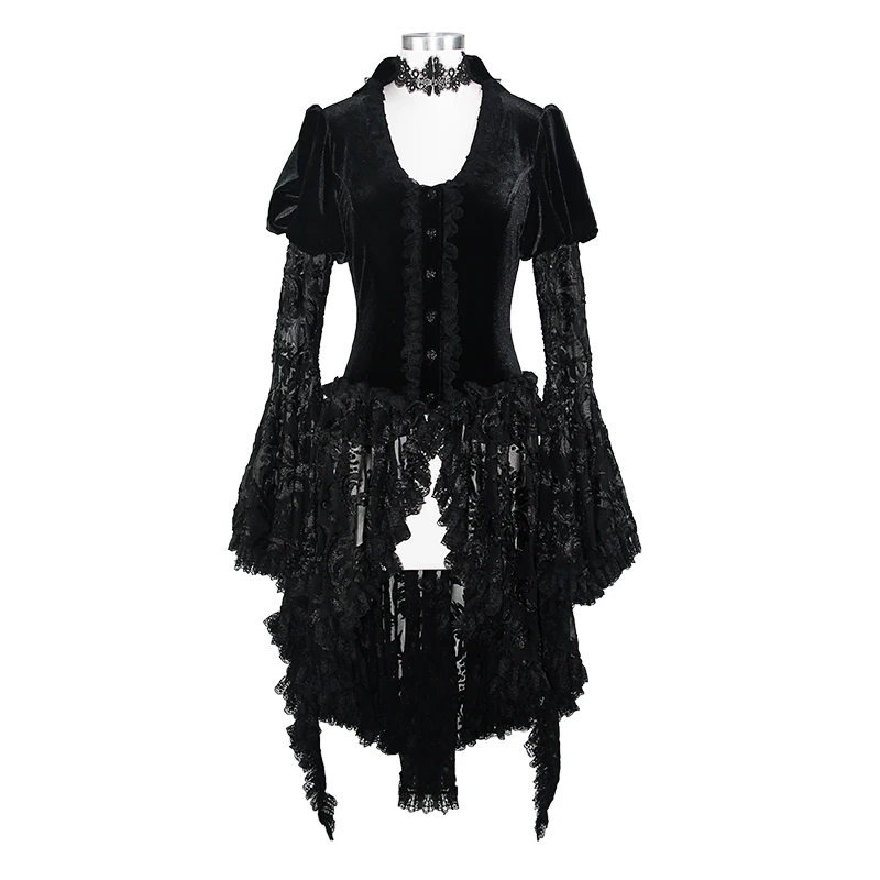 Gothic Punk Womens Dress Coat Black Patchwork Lace V Neck Party Dress Irregular Jacket Winter Party Dress