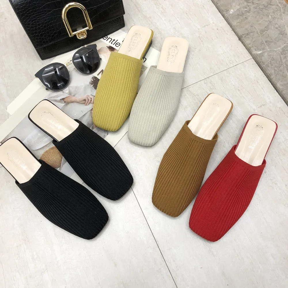 Women Mules Slippers Women Summer Flats Sandals Knit Fabric Stretch Slides Holiday Beach Shoes Square Heel Square Toe Flats