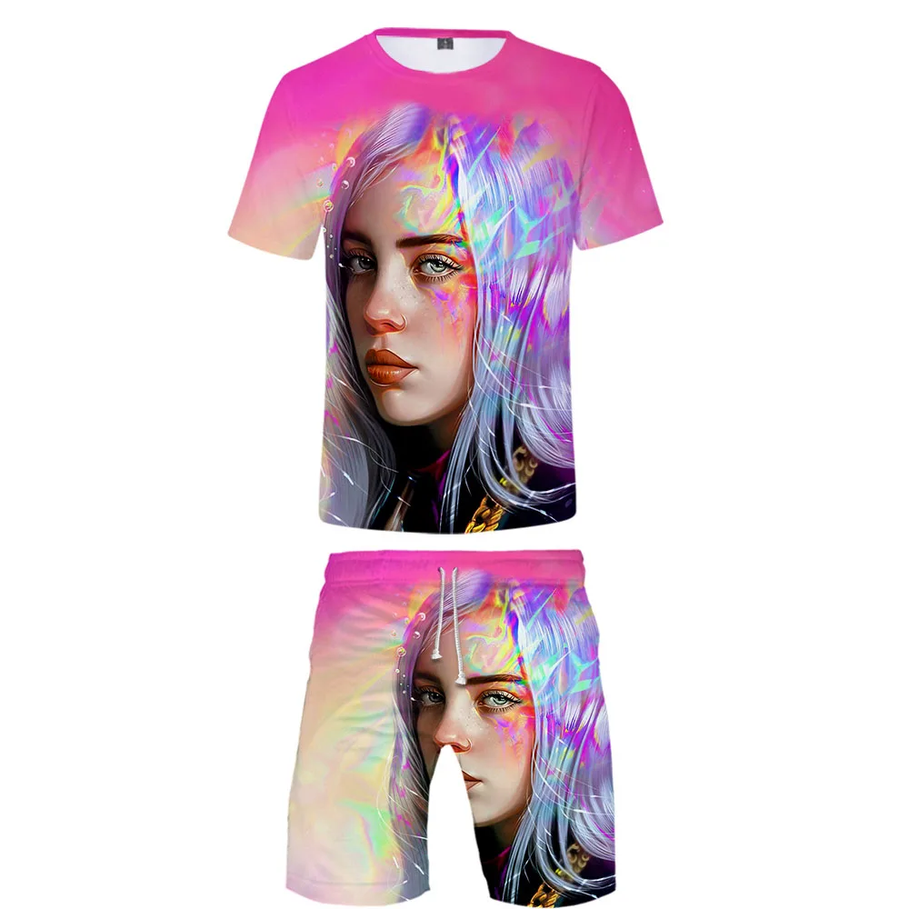Billie Eilish/комплект из двух предметов с 3D принтом, летний популярный комплект из 2 предметов в стиле хип-хоп, модный спортивный костюм, футболка с высокой посадкой+ короткие штаны, комплекты