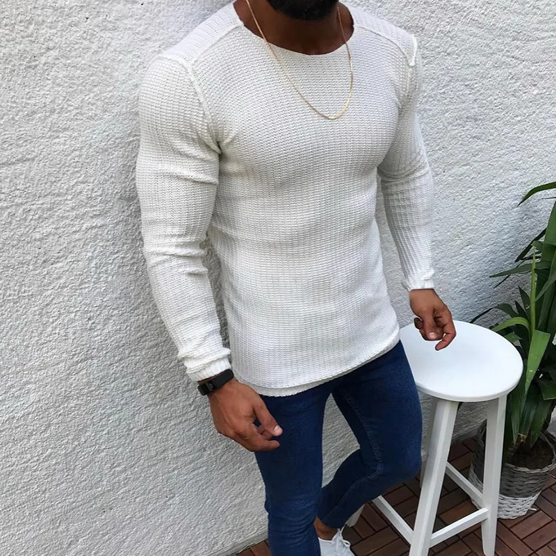 Men Fashion Casual Slim Fit Pullover Sweater Basic Knitted Lightweight O-neck Winter and Autumn Solid Color 2019 New | Мужская одежда