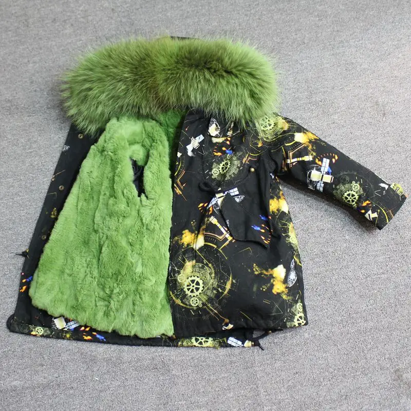 Одежда для маленьких девочек зимняя куртка с натуральным мехом парка, ветровка для мальчика с большим мехом, пальто с капюшоном для девочек, детские куртки, одежда - Цвет: green green fur