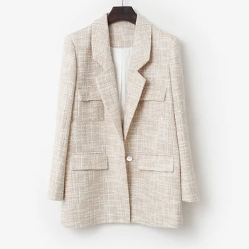 

Tweed jacket apricot plaid autumn / winter women's jacket long sleeve Business ladies one piece jacket coat