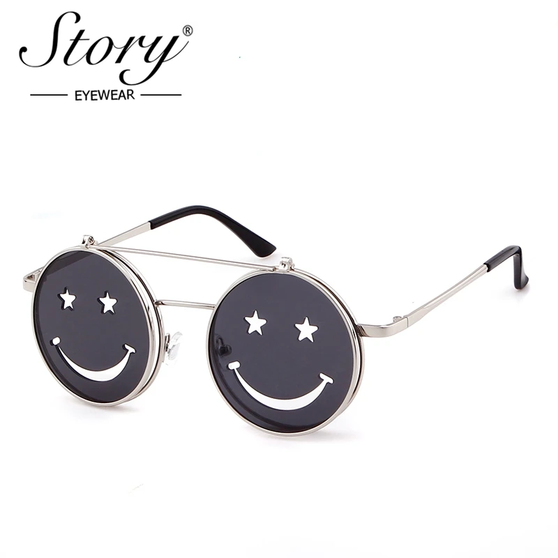 STORY 2018 Flip Up Smiling Face Round Designer Sun Glasses Brand