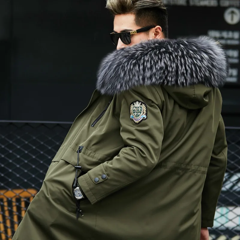 Army Green Shuang Se Шуба из натурального меха норки с подкладкой из меха енота, парка с воротником, Мужская Уличная одежда, теплые парки размера плюс, шуба из меха норки YY593 - Цвет: Army Green Shuang Se