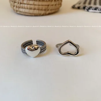 

925 sterling silver rings for women Retro Cool Retro Heart Hollow out Shiny Side Peach Heart Adjustable wedding ring set