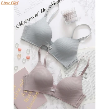 

Women Gathered Bra Brief Sets Sexy Seamless Wire Free Push Up Stripe Bow Bra Female Transparent Lace Bra Panties Set