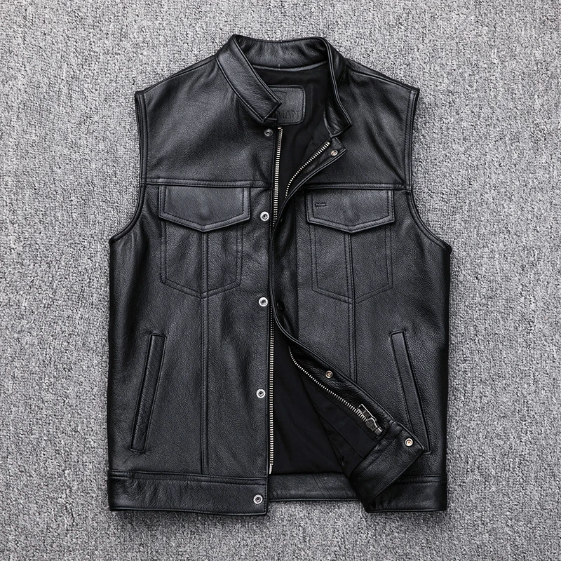 

Motorcycle Leather Vest Men Cowhide Leather Vests Biker Slim Plus Size Clothing First Layer Cowhide Sleeveless Leather Jacket