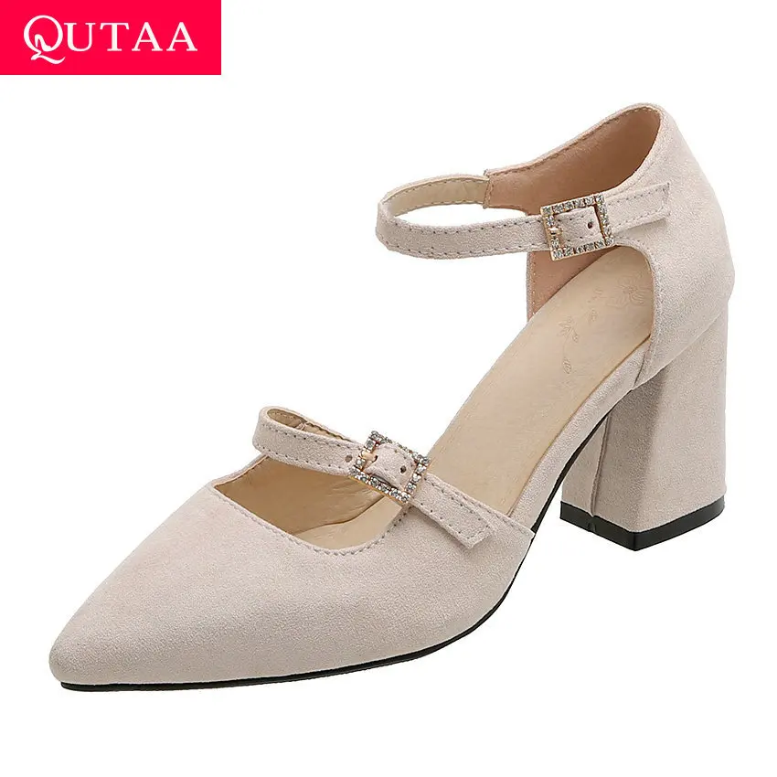 

QUTAA 2020 Fashion Crystal Buckle Summer Women Pumps Pointed Toe Flock Women Shoes Square High Heel Ladies Sandals Size 34-43