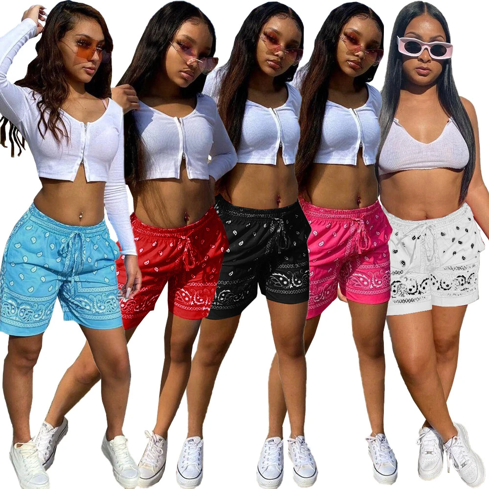 Paisley Woman Shorts Bandanna Summer 2021 Street Hipster Cashew Print Hip-hop Style Straight Knitting Pattern Casual Drawstring jean shorts