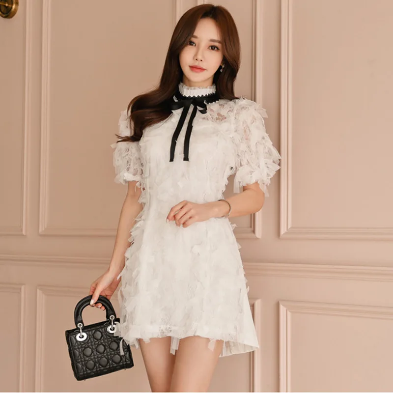 

2019 Spring And Summer Korean-style Elegant Tulle Waist Hugging Short Skirt Sweet High Collar Short Sleeve A- line Skirt Slimmin