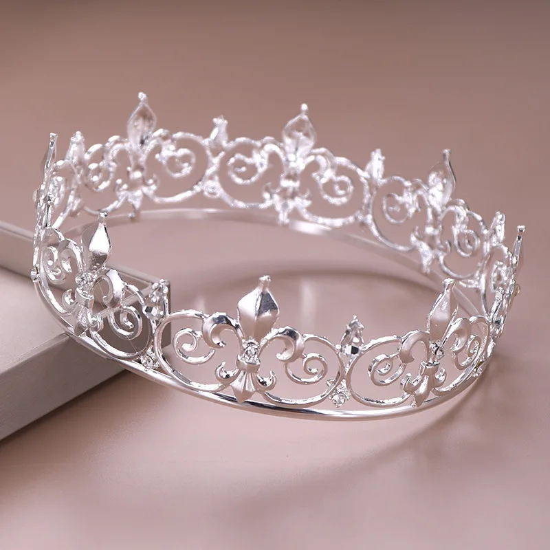 

Women's Gold Silver Round Crown King Queen Wedding Tiara Bride Headpiece Men Party Crystal Hair Jewelry Wedding Hair Accessories